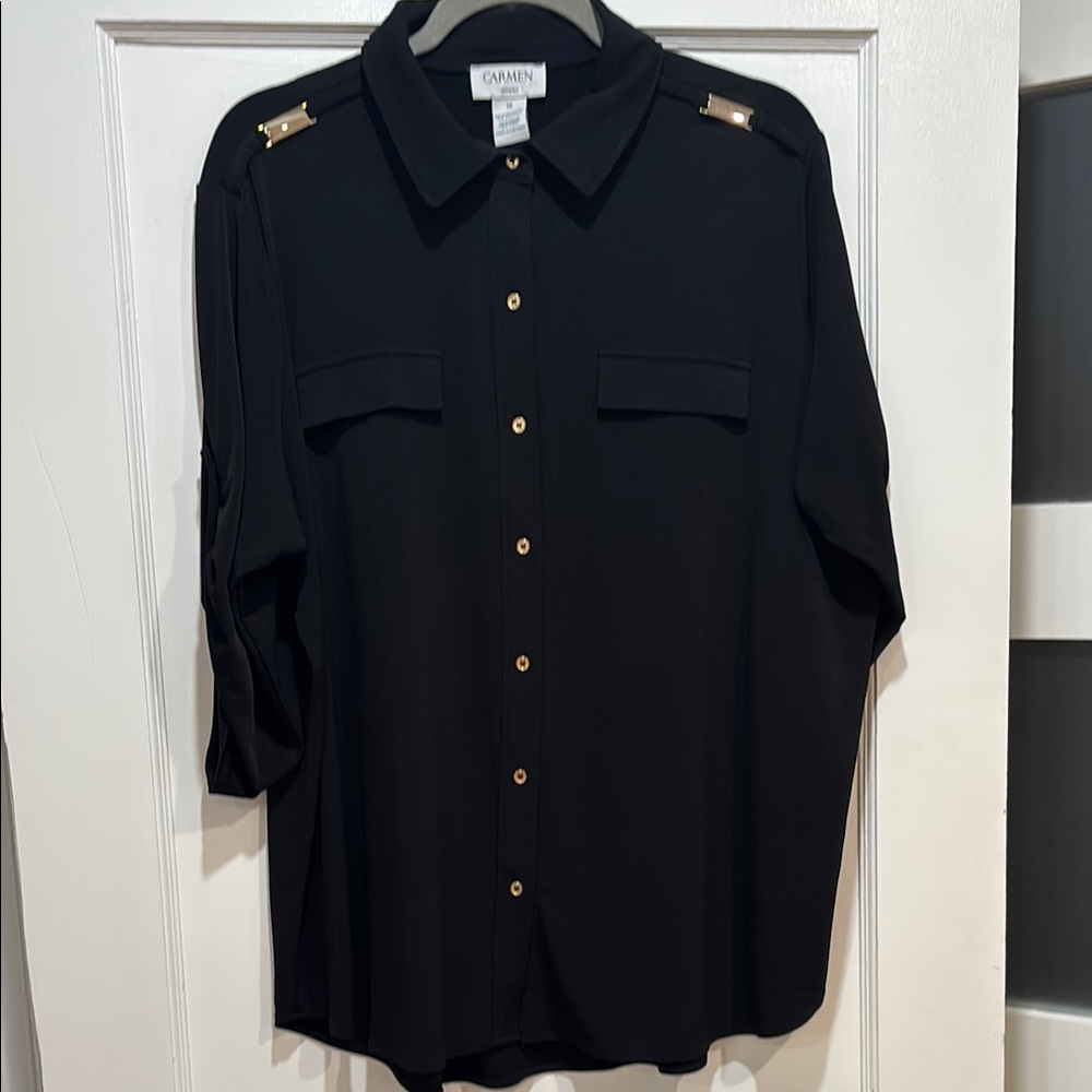 Carmen Marc Valvo Black and Gold Casual Button Down Shirt
